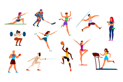 Athletes set. Gymnast and runner, boxer and figure skater, basketball