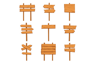 Cartoon wooden arrows. Blank wood signboards and arrow signs. Isolated