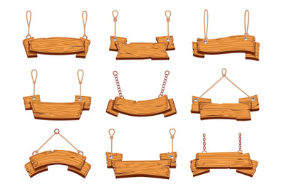 Hanging wood signs. Blank wooden signboards banners with ropes, vintag