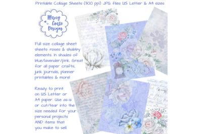 Watercolor Roses Collage Sheets Blue, Lavender &amp; Pink