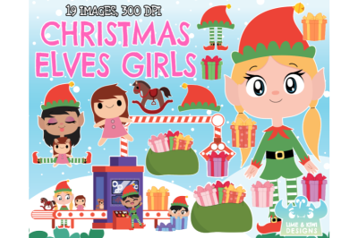 Christmas Elves Girls Clipart, Instant Download Vector Art