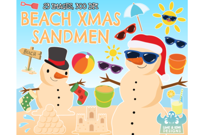 Beach Christmas Snowmen Clipart, Instant Download Vector Art