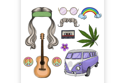 Hand drawn hippie attributes