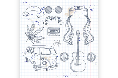 Hand drawn hippie attributes