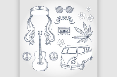 Hand drawn hippie attributes