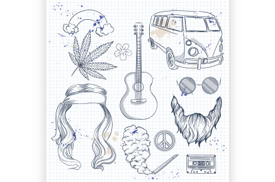 Hand drawn hippie attributes