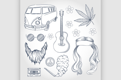 Hand drawn hippie attributes