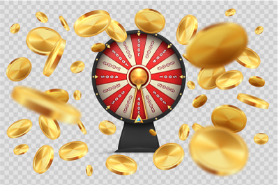 Fortune wheel with gold coins. Lucky roulette on transparent backgroun