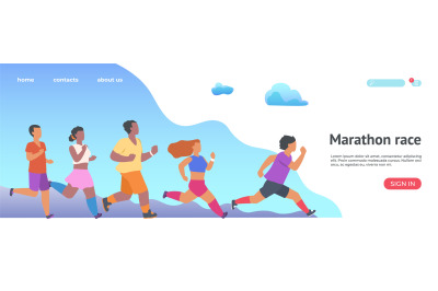 Marathon race landing page. Jogging people website. Running man and wo