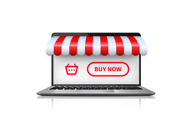 Online shopping concept. Realistic open laptop buying and shopping onl