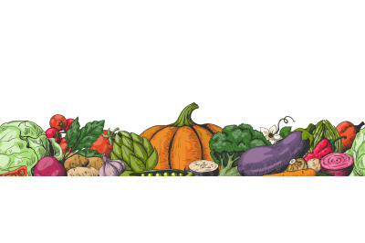 Hand drawn colored vegetables border seamless pattern. Food sketch bor