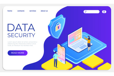 Data security isometric landing concept. Protect data and confidential