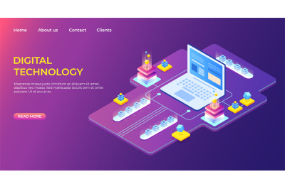 Isometric digital technology landing page. Business success. Computer