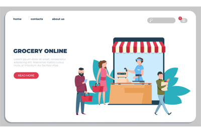 Online grocery food delivery landing page. Courier service, goods ship