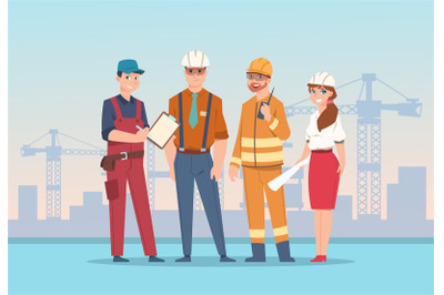 Builders and engineers background. Cartoon factory workers and busines