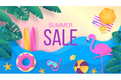 Summer sale paper cut. Travel and vacation discount banner with top vi