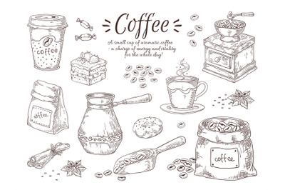 Hand drawn coffee. Vintage Italian drink with breakfast desserts and s