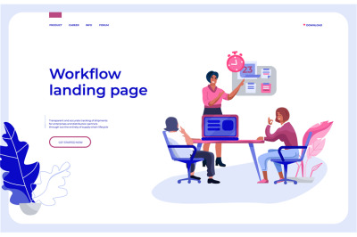 Workflow landing page. Office people team interacting with business da