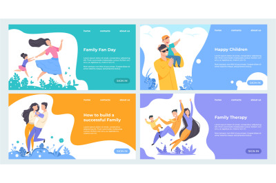 Family website. Flat insurance planning web page template, happy carto