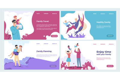 Family landing page. Insurance and family safety web page with cartoon