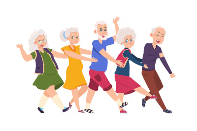 Old people dancing. Diverse elderly cartoon characters dancing a conga