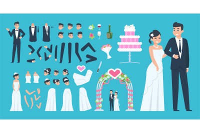 Groom and bride kit. Cartoon wedding characters constructor&2C; bride and