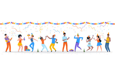 Cartoon party people. Trendy happy dancing group of men and women with