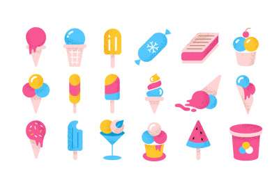 Ice cream flat icons. Cartoon frozen yoghurt and creams in cones cups