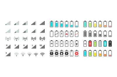 Battery and signal icons. Line and black phone charge status, gsm and