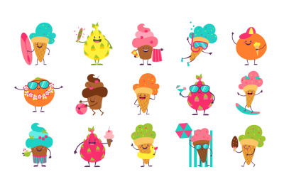 Summer ice cream stickers. Funny doodle desserts and fruits with cute