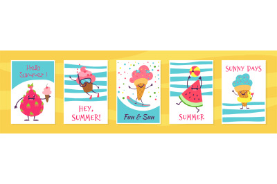 Summer cute cards. Cute doodle cupcake and ice cream characters with f