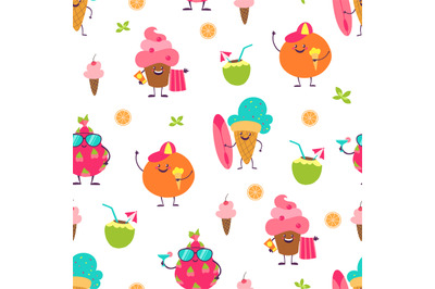 Summer cute pattern. Trendy seamless background with fruits and desser