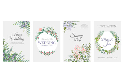 Wedding greenery posters. Green floral frame cards&2C; trendy plants wrea