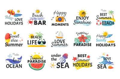 Beach hand drawn stickers. Summer holidays labels with lettering and t