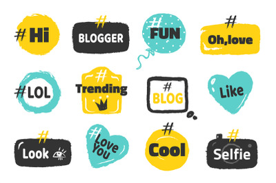 Hashtag social banners. Trendy blog slang logos concept, fun post tag