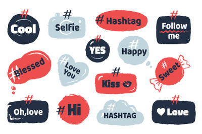 Hashtag social banner. Media slang doodle logos with speech bubbles mo