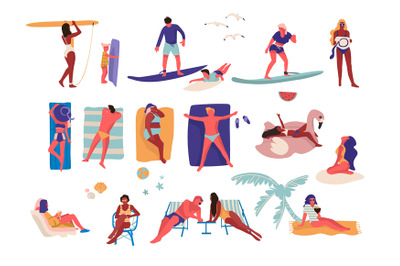 People at beach. Cartoon characters doing summer activities, surfing a