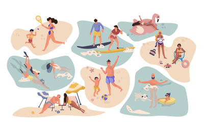 People beach activities. Cartoon characters on summer vacation, surfin
