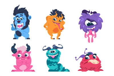 Cartoon monsters. Funny and scary trolls ghosts goblins and aliens wit