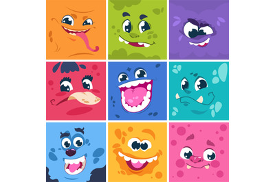 Monsters faces. Cute cartoon characters with different funny expressio