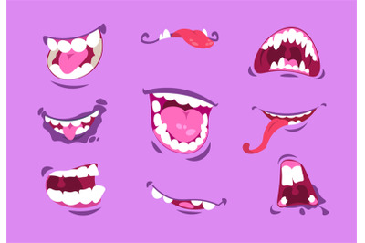 Monster mouths. Cartoon scary and crazy faces with angry expressions,