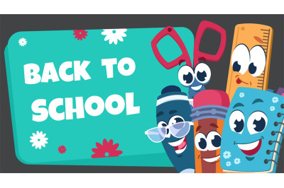School characters background. Educational poster with happy school sta