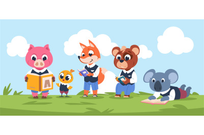 Reading animal characters. Cute cartoon kids characters reading togeth