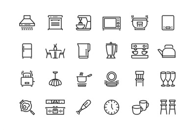 Kitchen line icons. Furniture appliances and utensils for kitchen, mic