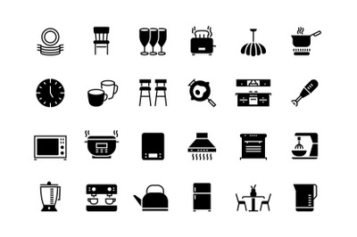 Kitchen black icons. Appliances furniture and utensils for cooking, bl