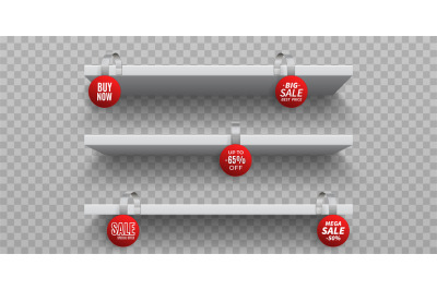 Shop shelves with wobblers. White 3D empty wall shelf with realistic r