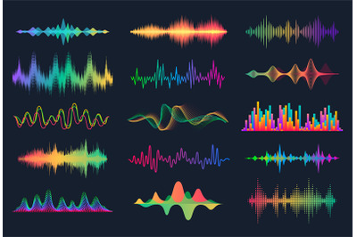 Sound waves. Frequency audio waveform, music wave HUD interface elemen