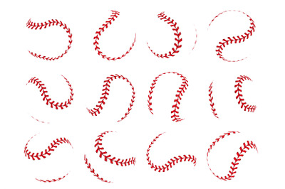 Baseball ball lace. Spherical softball realistic 3D red stroke lines f