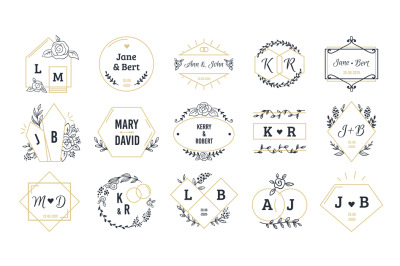 Wedding logos. Bohemian monograms for event invitation and wedding gre