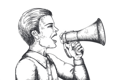 Megaphone sketch. Hand drawn loudspeaker engraving illustration, bullh